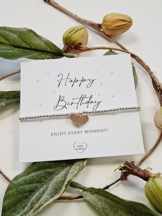 Happy birthday - enjoy every moment - Silver plated charm bracelet & rose gold heart charm