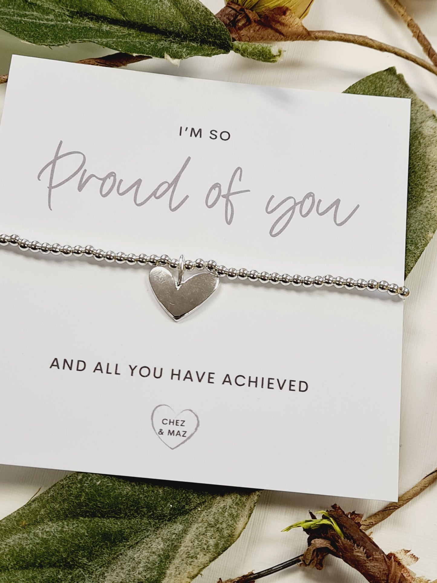 I'm so proud of you and all you have achieved - Silver plated charm bracelet & heart charm