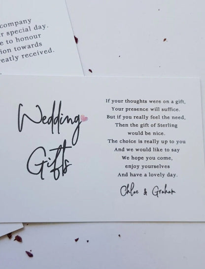 Personalised Wedding Honeymoon Gift Money Poem A7 Cards