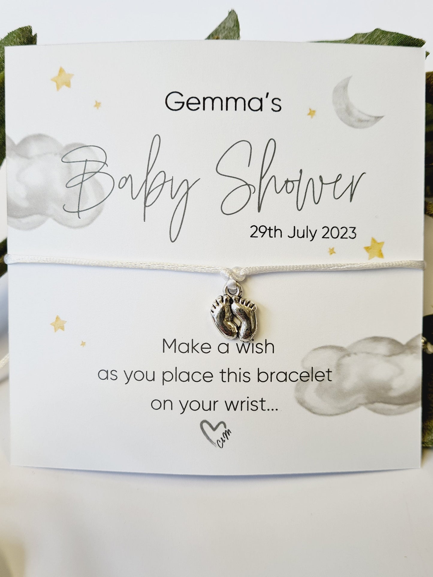 Fluffy Clouds, Moon & Stars - Personalised Baby Shower Wish Bracelet, Mummy to Be, Charm String Bracelet, Personalised Gift - BS67