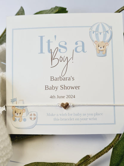 It's a Boy!- Personalised Baby Shower Wish Bracelet, Mummy to Be, Charm String Bracelet, Personalised Gift - Blue - Hot Air Balloon Teddy