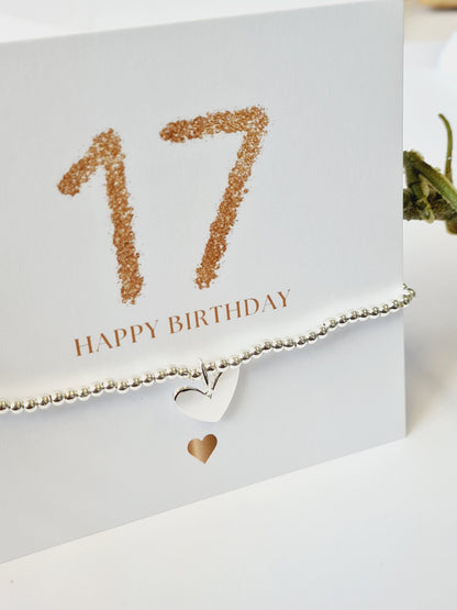 Happy 17th Birthday - 17 - Silver plated charm bracelet & silver heart charm