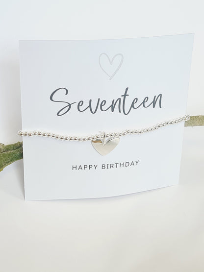 Seventeen happy birthday silver heart charm bracelet, 17th birthday bracelet, 17th birthday gift, happy 17th birthday gift, 17th birthday