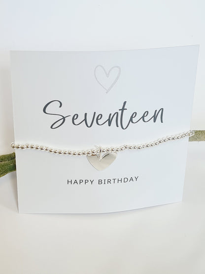 Seventeen happy birthday silver heart charm bracelet, 17th birthday bracelet, 17th birthday gift, happy 17th birthday gift, 17th birthday