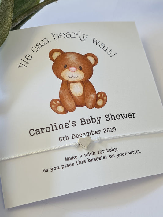 We can 'bearly' wait-Teddy Bear - Personalised Baby Shower Wish Bracelet, Mummy to Be, Charm String Bracelet, Personalised Gift - bw5