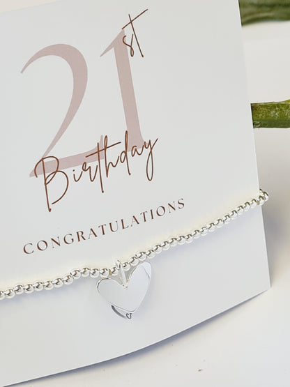 Happy 21st Birthday - 21 -Twenty One - Silver plated charm bracelet & silver heart charm- Rg21