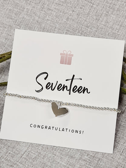 Seventeen happy birthday silver plated -heart charm bracelet, 17th birthday bracelet, 17th birthday gift, happy 17th birthday gift, 17