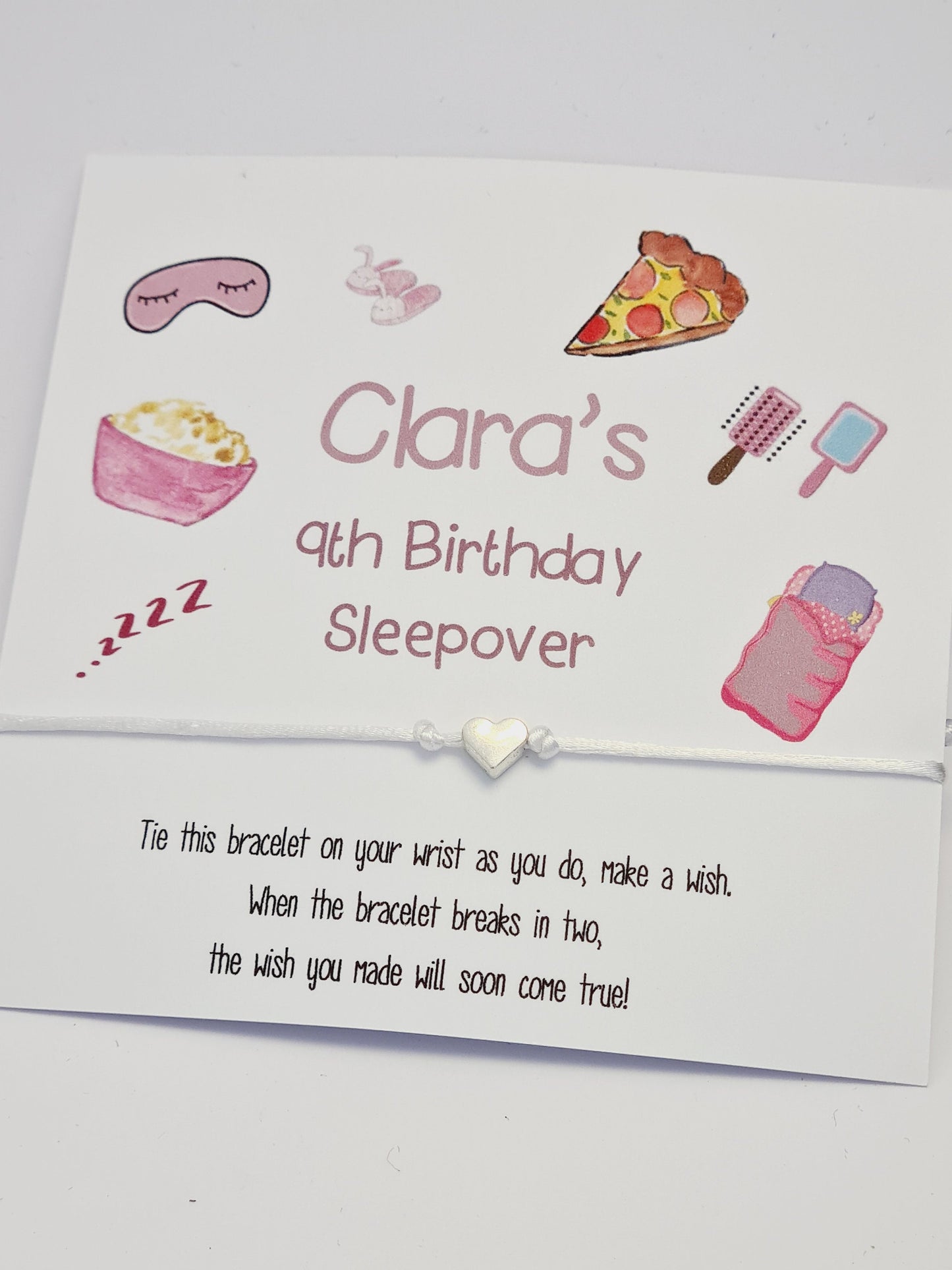 Sleepover Birthday - wish string charm bracelet - Party bag filler - Personalised - Any age - Slumber Party SR34