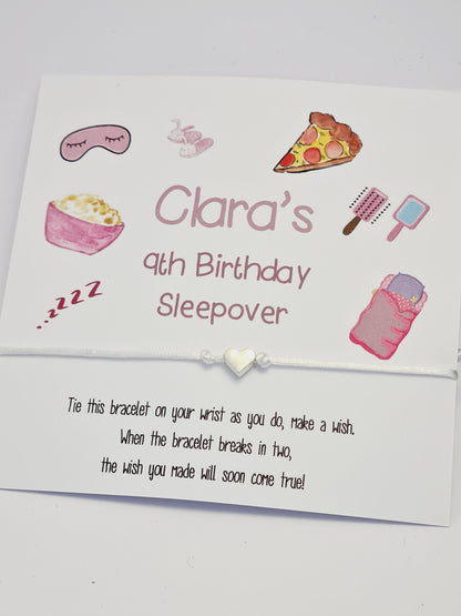 Sleepover Birthday - wish string charm bracelet - Party bag filler - Personalised - Any age - Slumber Party SR34