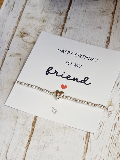 Happy birthday to my friend - Silver Plated Charm Bracelet with Silver Plated Heart with a Rhinestone Charm