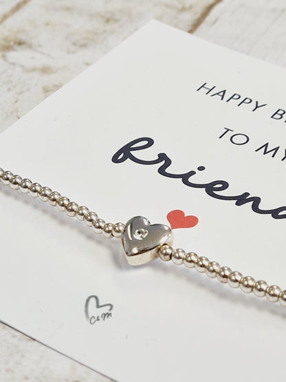 Happy birthday to my friend - Silver Plated Charm Bracelet with Silver Plated Heart with a Rhinestone Charm