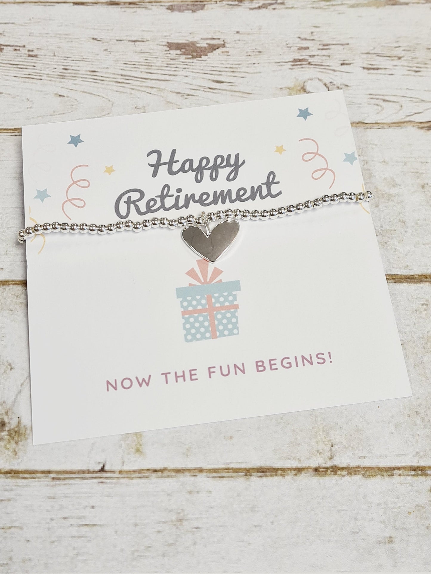 Happy Retirement - Now the Fun Begins - Silver plated charm bracelet & heart charm RT4