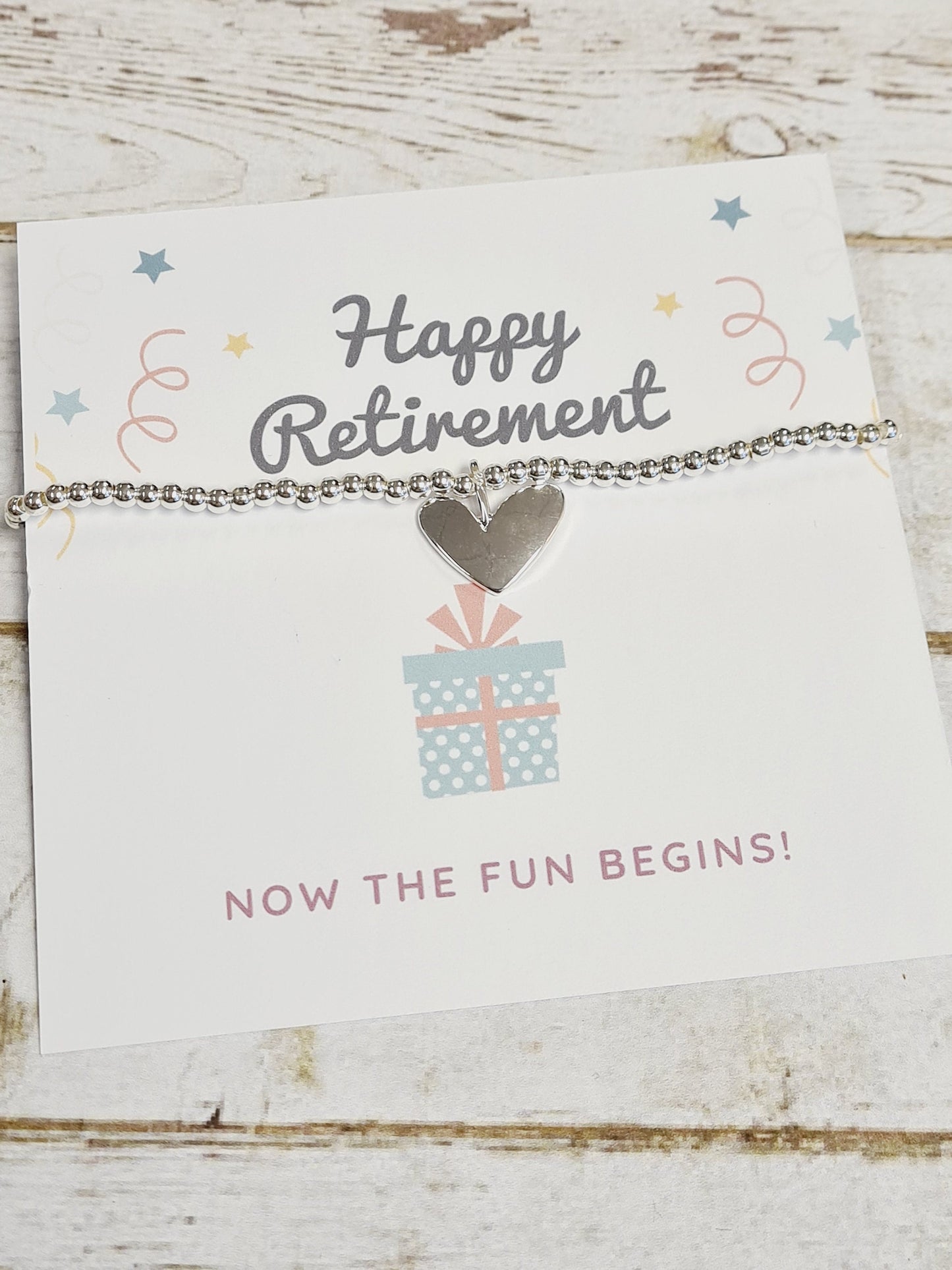 Happy Retirement - Now the Fun Begins - Silver plated charm bracelet & heart charm RT4