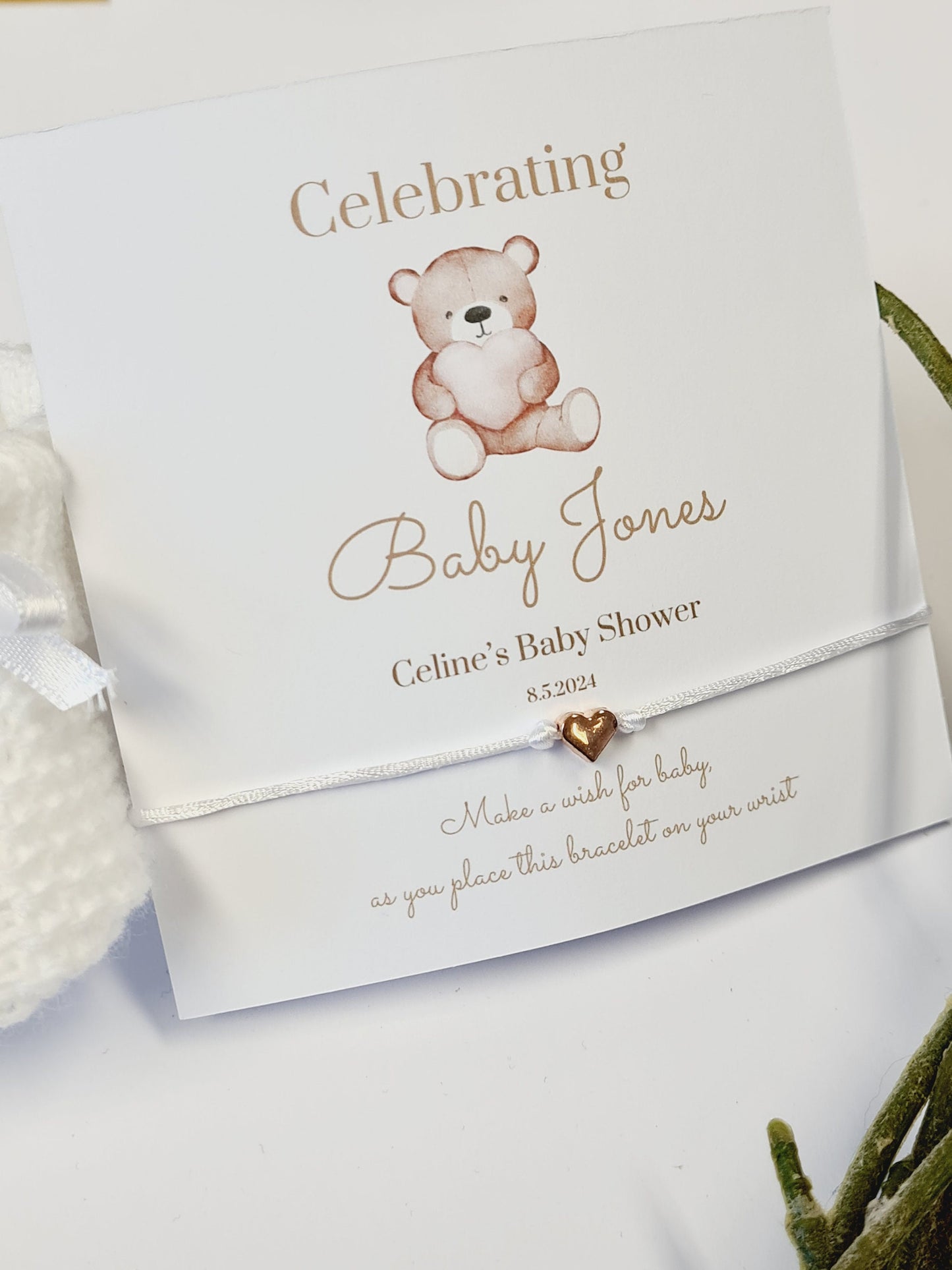 Teddy Bear Holding a Heart - Personalised Baby Shower Wish Bracelet, Mummy to Be, Charm String Bracelet, Aqiqah Gift -Celebrating Baby -IG6