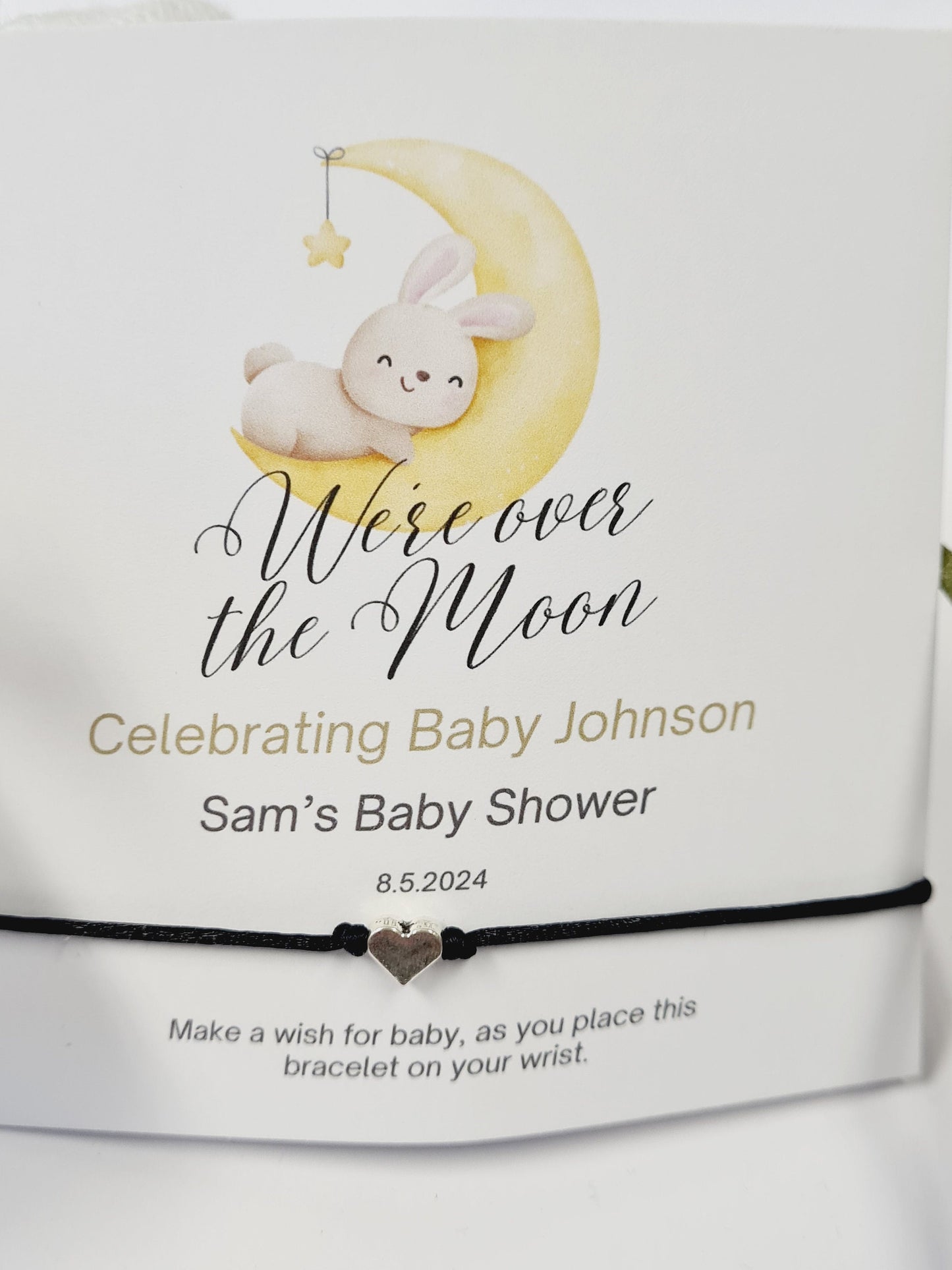 We're over the Moon-Personalised Baby Shower Wish Bracelet,Mummy to Be, Charm String Bracelet-Personalised Gift-Celebrating Baby-Aqiqah-ted4