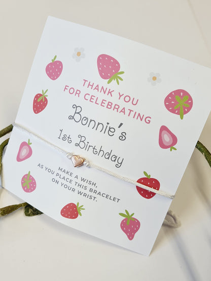 Pink & Red Strawberries Design Birthday - wish string charm bracelet - Party bag filler - Personalised - Any age -  St55