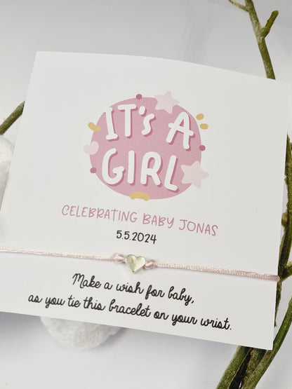 It's a Girl!- Personalised Baby Shower Wish Bracelet, Mummy to Be, Charm String Bracelet, Personalised Gift - Pink - 801