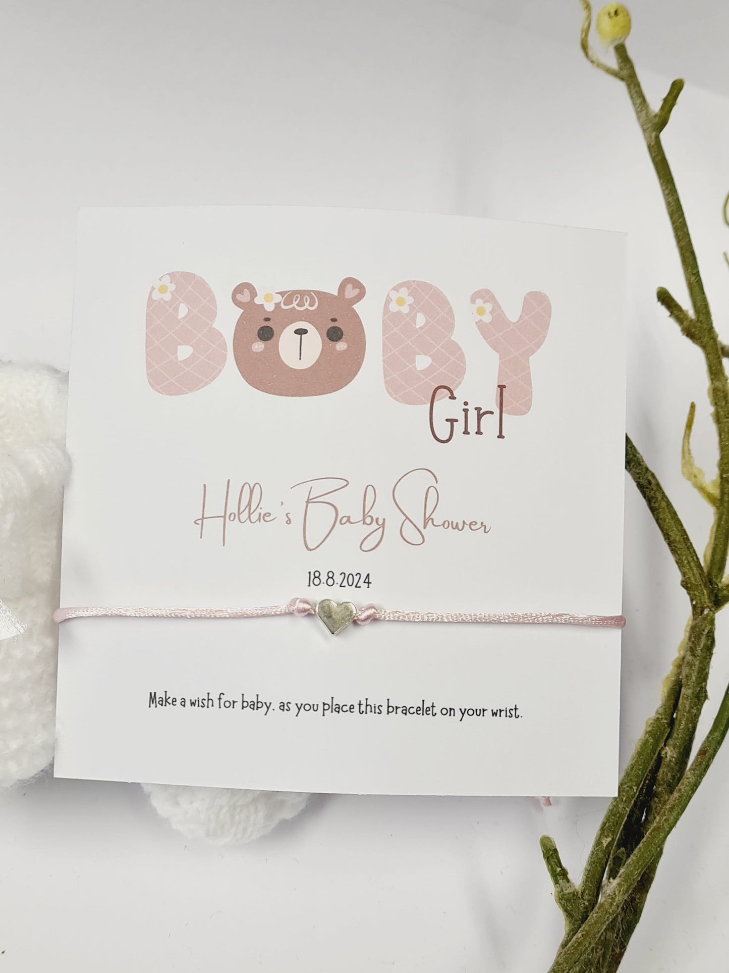 It's a Girl!-Baby Girl Teddy Bear Personalised Baby Shower Wish Bracelet, Mummy to Be, Charm String Bracelet, Personalised Gift - Pink - 801