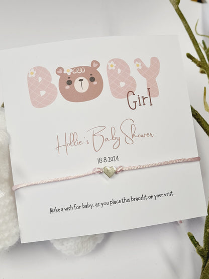 It's a Girl!-Baby Girl Teddy Bear Personalised Baby Shower Wish Bracelet, Mummy to Be, Charm String Bracelet, Personalised Gift - Pink - 801